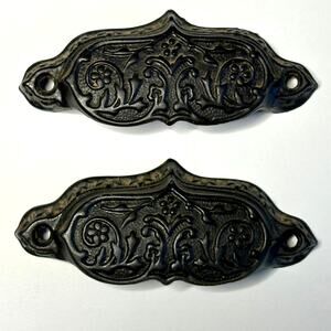 Two Eastlake Antique Victorian Cast Iron Bin Pulls Antique Ornate Flower